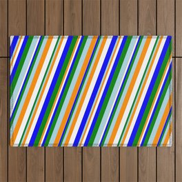 [ Thumbnail: Eye-catching Light Blue, Dark Orange, White, Blue & Green Colored Lined/Striped Pattern Outdoor Rug ]