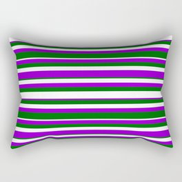 [ Thumbnail: Dark Green, White & Dark Violet Colored Lined Pattern Rectangular Pillow ]