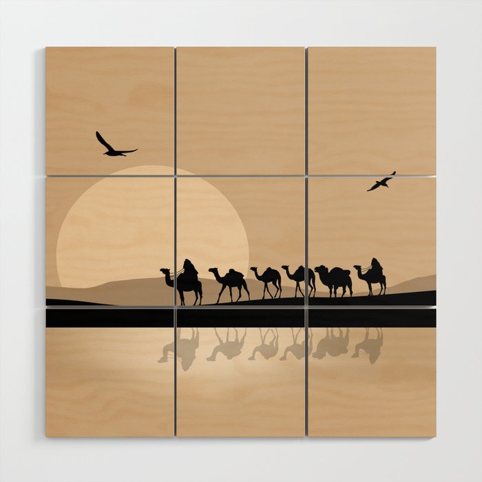 Camel Caravan going through the Desert Wood Wall Art