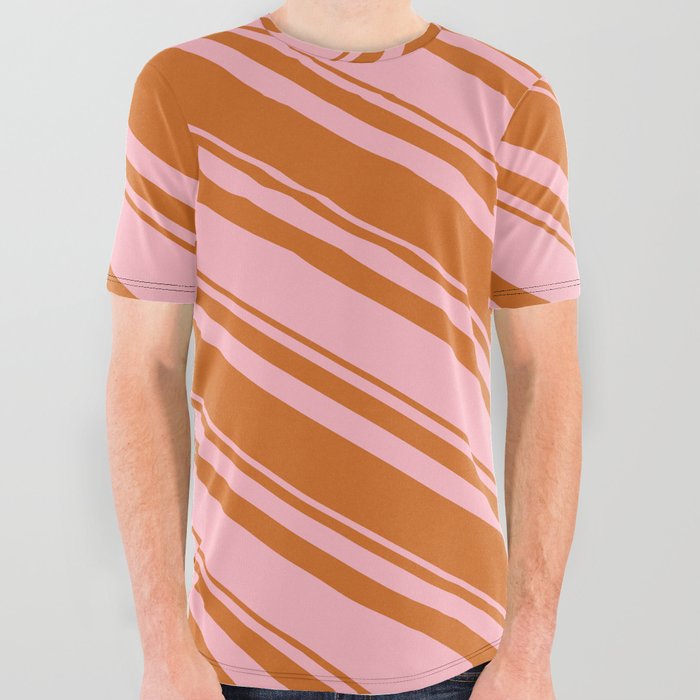 Light Pink & Chocolate Colored Striped Pattern All Over Graphic Tee