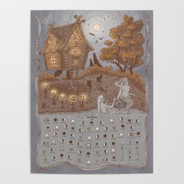 2024 Moon Calendar, Baba Yaga Illustration Print, Slavic Fairytale Lunar Art Poster
