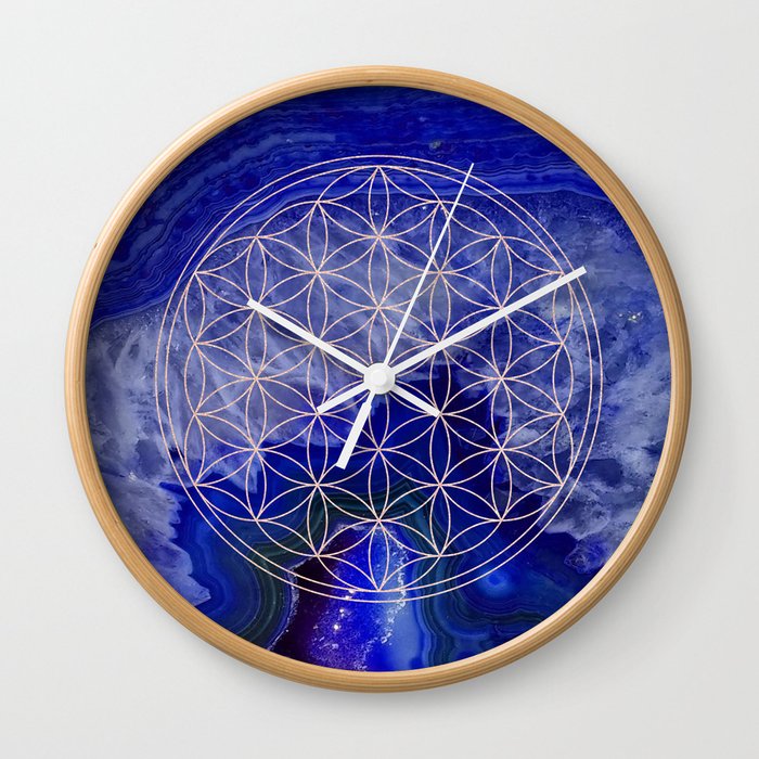 Indigo Agate With Rose Gold Flower Of Life Wall Clock By
