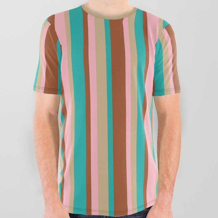 Sienna, Light Sea Green, Tan & Light Pink Colored Stripes Pattern All Over Graphic Tee