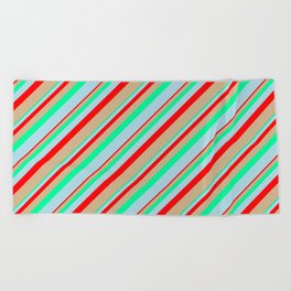 [ Thumbnail: Red, Tan, Green, and Light Blue Colored Lines Pattern Beach Towel ]