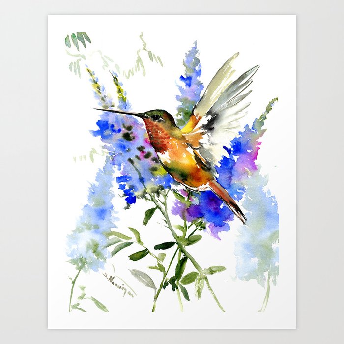 Alen's Hummingbird and Blue Flowers, floral bird design birds, watercolor floral bird art Art Print