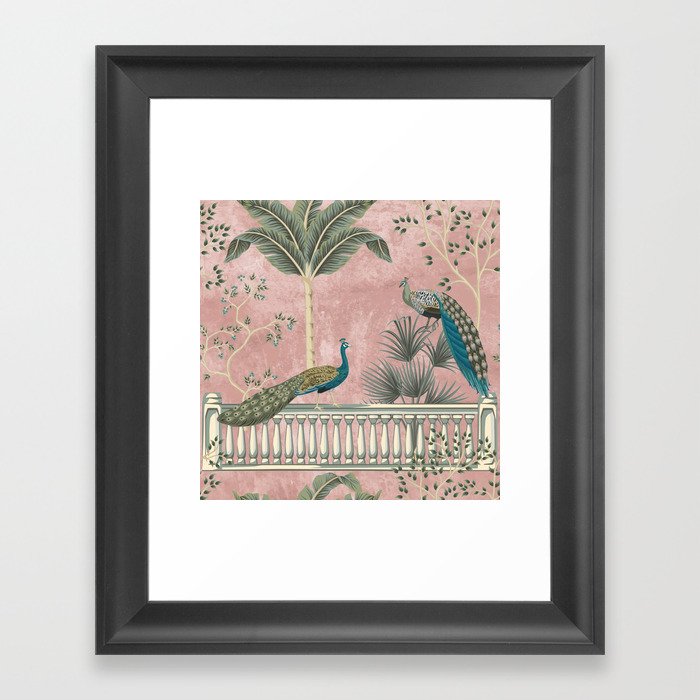 Chinoiserie Blush Pink Peacock Palm Fresco Garden  Framed Art Print