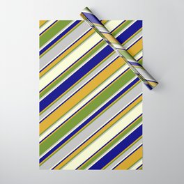 [ Thumbnail: Eyecatching Blue, Goldenrod, Green, Grey & Light Yellow Colored Pattern of Stripes Wrapping Paper ]