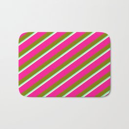 [ Thumbnail: Deep Pink, Green, Aquamarine, and Light Yellow Colored Lined/Striped Pattern Bath Mat ]