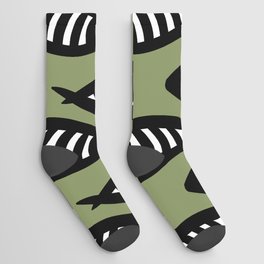 Abstract black and white fish pattern Sage green Socks