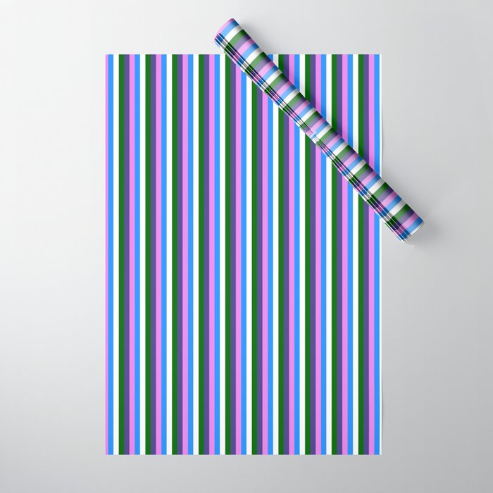 Colorful Blue, Violet, Dark Slate Blue, Dark Green & White Colored Striped/Lined Pattern Wrapping Paper