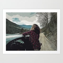 Woman In Black And Red Plaid Dress Shirt Standing Beside Black Car During Daytime Art Print | Pencildrawing, Canada, Pencilsketch, Vintageposters, Painting, Vintageposter 