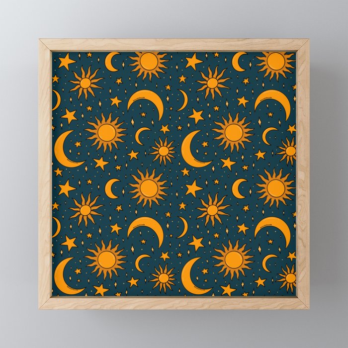 Vintage Sun and Star Print in Navy Framed Mini Art Print | Drawing, Digital, Pattern, Sun, Sunshine, Star, Stars, Moon, Night, Sky