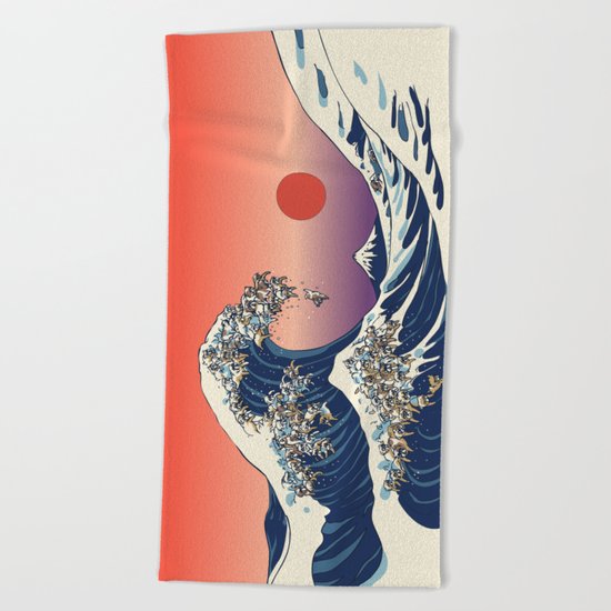 The Great Wave of English Bulldog Beach Towel
