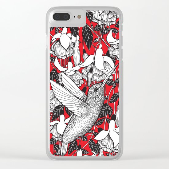 Hummingbird and fuchsia, red background Clear iPhone Case