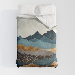 Amber Dusk Comforter | Landscape, Nature, Amber, Orange, Graphicdesign, Digital, Blue, Gold, Hills, White 