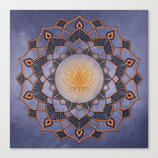 Orange Lotus Flower Mandala On A Textured Blue Background Canvas Print