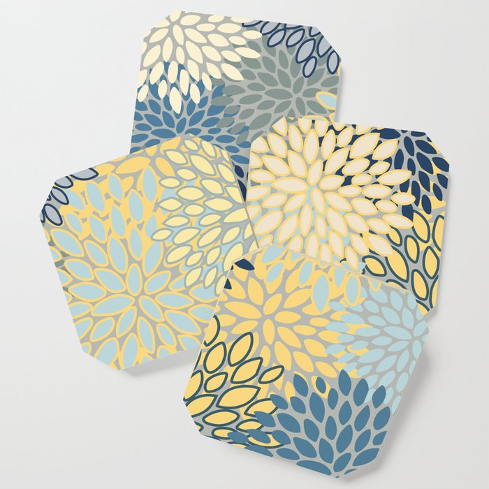 Floral Print, Yellow, Gray, Blue, Teal Coaster