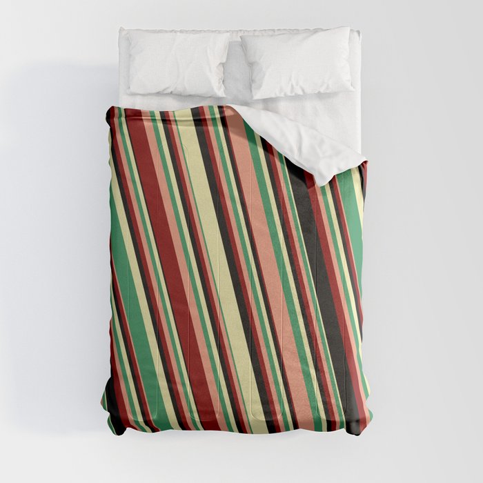 Vibrant Pale Goldenrod, Sea Green, Dark Salmon, Maroon, and Black Colored Striped Pattern Comforter