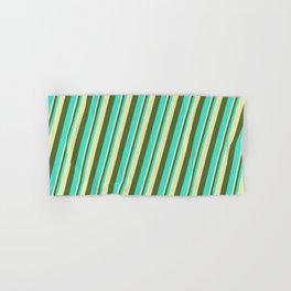 [ Thumbnail: Pale Goldenrod, Dark Olive Green & Turquoise Colored Lines Pattern Hand & Bath Towel ]