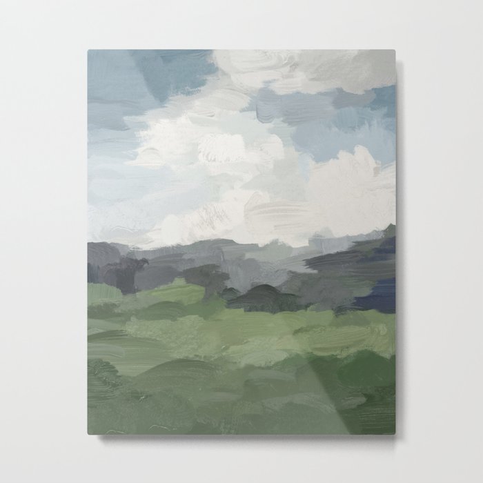 New Beginnings - Sky Blue and Forest Green Rural Country Farm Land Nature Abstract Painting Art Metal Print