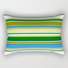 [ Thumbnail: Eyecatching Green, Tan, Dark Green, Blue, and White Colored Lines Pattern Rectangular Pillow ]