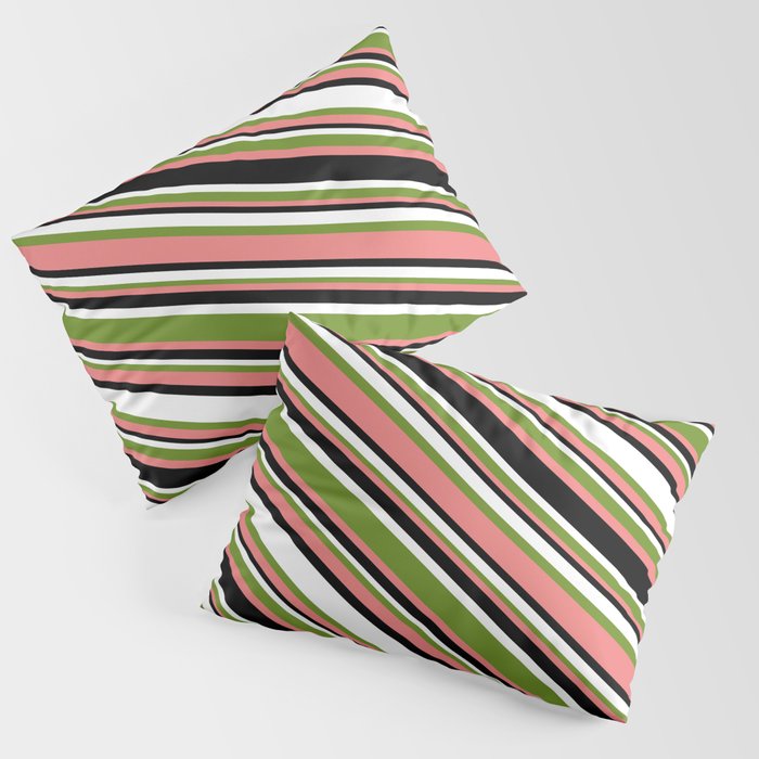 Green, Light Coral, Black & White Colored Lined/Striped Pattern Pillow Sham