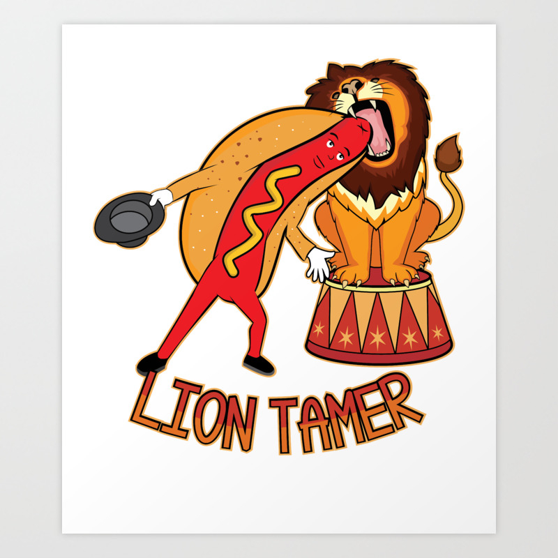 Lion Tamer Hot Dog Putting His Head Into A Lions Mouth Funny graphic Art  Print by Tronic Tees | Society6