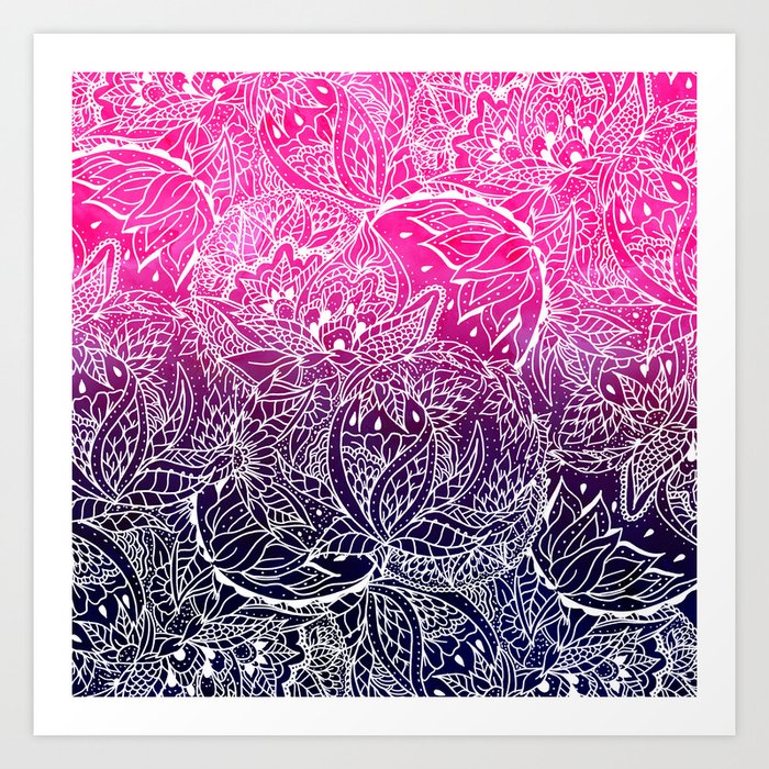 Boho Pink Navy Blue Watercolor Ombre White Abstract Floral Mandala