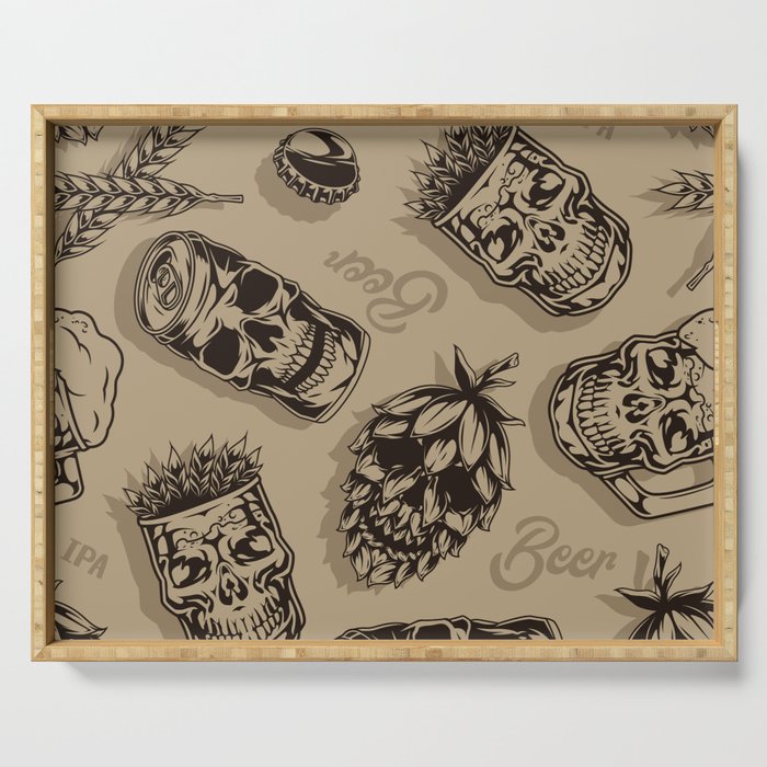 Beer vintage monochrome seamless pattern with mugs cups aluminum cans hop cones in skull shapes vintage illustration Serving Tray