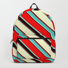 [ Thumbnail: Red, Turquoise, Light Yellow & Black Colored Lined/Striped Pattern Backpack ]