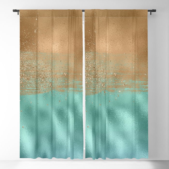Turquoise And Gold Metal Glamour Texture Blackout Curtain