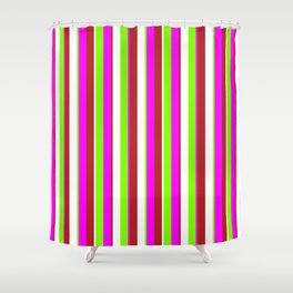 [ Thumbnail: Chartreuse, Fuchsia, Red & White Colored Lined/Striped Pattern Shower Curtain ]