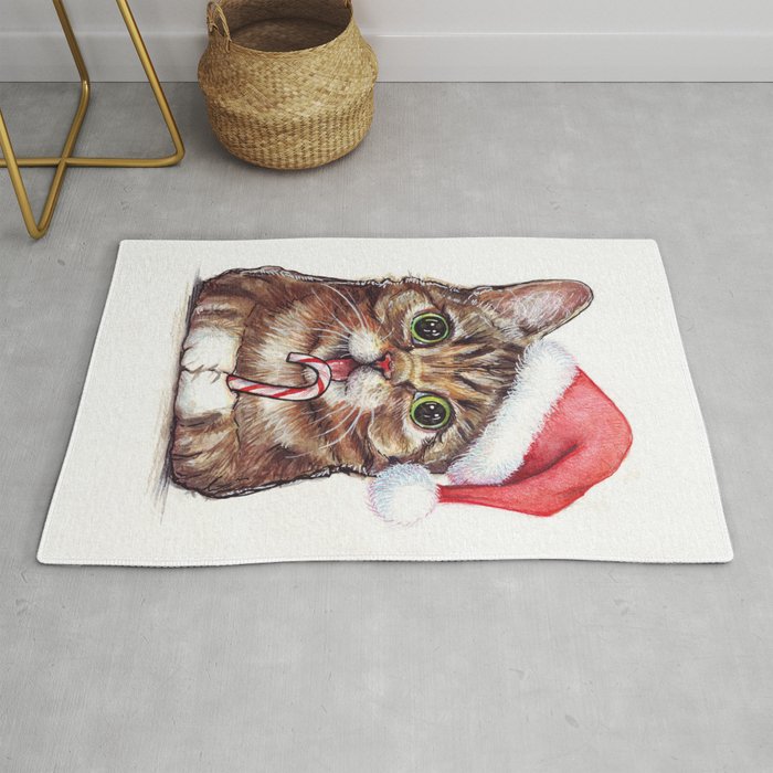 Christmas Cat in Santa Hat Whimsical Holiday Animals Rug