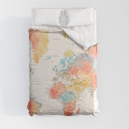 "Explore" - Colorful watercolor world map with cities Comforter