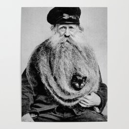 Kitten in the Beard of Old Man black and white photograph Poster