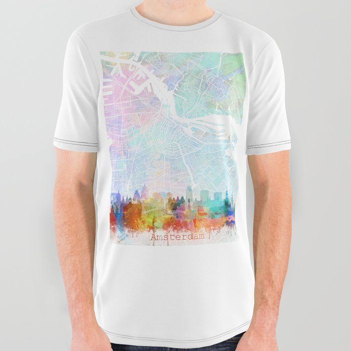 Amsterdam Skyline Map Watercolor, Print by Zouzounio Art All Over Graphic Tee