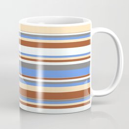 [ Thumbnail: Colorful Sienna, Mint Cream, Gray, Cornflower Blue & Beige Colored Striped Pattern Coffee Mug ]