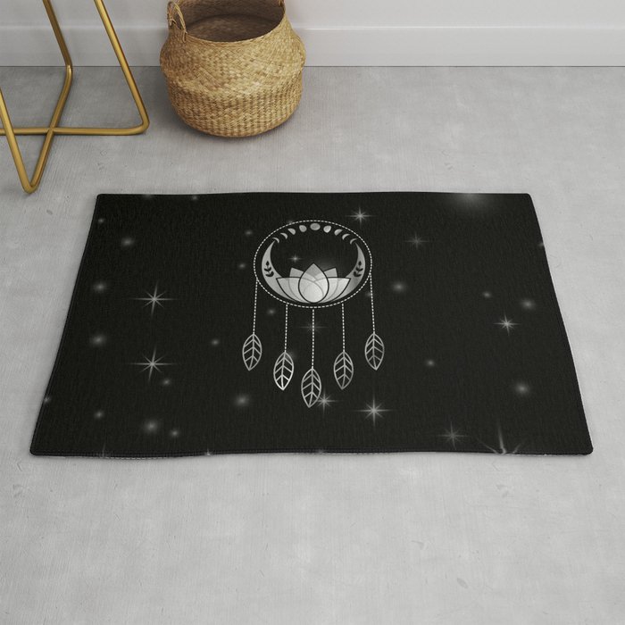 Mystic lotus dream catcher with moons and stars silver Rug