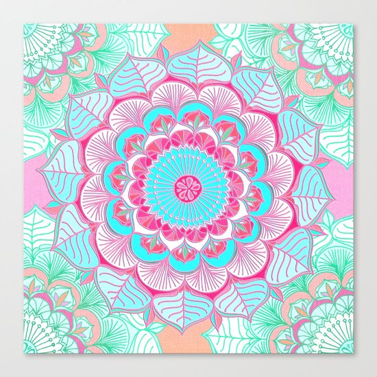 Tropical Bloom - floral doodle in pink, mint, peach, aqua, white Canvas Print