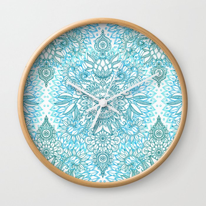 Turquoise Blue, Teal & White Protea Doodle Pattern Wall Clock