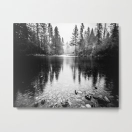 Forest Reflection Lake - Black and White  - Nature Photography Metal Print | Photo, Illustration, Drawing, Watercolor, Woods, Black and White, Forest, River, Landscape, Graphic Design 