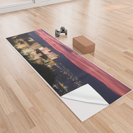 Winter sunset. The Alhambra Palace. Beautiful red clouds at sunset. Yoga Towel