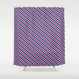 [ Thumbnail: Light Pink, Purple, Light Green & Blue Colored Pattern of Stripes Shower Curtain ]
