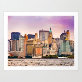 Painting of a very Purple Summer's Sunset over the Skyscrapers of New York City Art Print