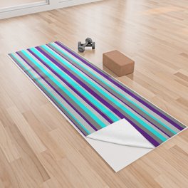 [ Thumbnail: Grey, Indigo, Light Gray, and Cyan Colored Striped Pattern Yoga Towel ]