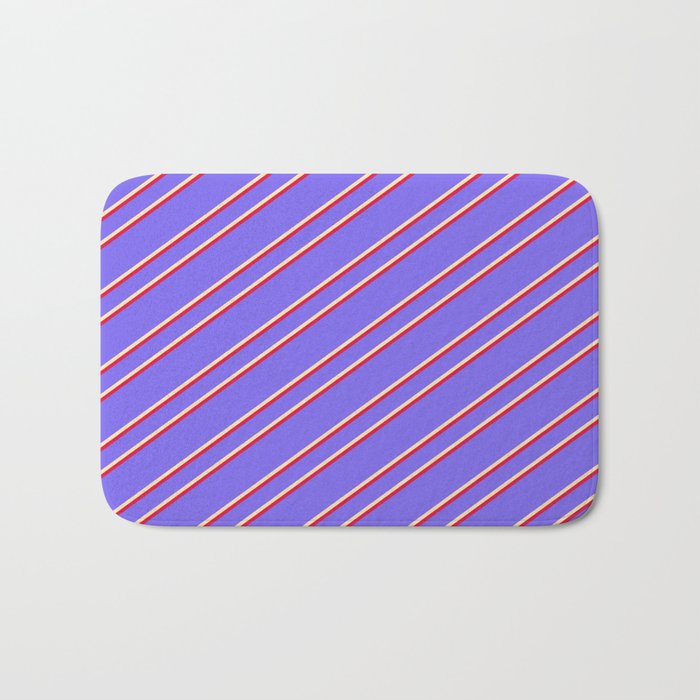 Medium Slate Blue, Beige, and Crimson Colored Stripes Pattern Bath Mat