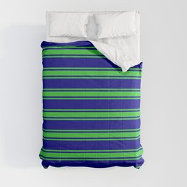 [ Thumbnail: Dark Blue and Lime Green Colored Stripes/Lines Pattern Comforter ]