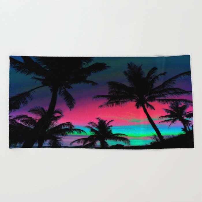 Deep Pink Palm Tree Sunset Beach Towel