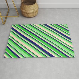 [ Thumbnail: Lime Green, Light Green, Bisque, and Midnight Blue Colored Lined Pattern Rug ]