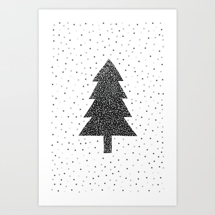 Christmas Tree With Snow Falling black and white Art Print